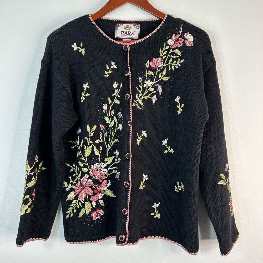 Vintage 90s Tiara International Floral Embroidered Sweater Cardigan Women Medium